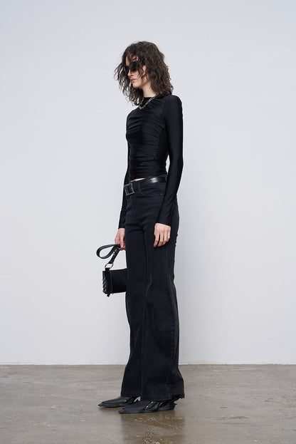 ANNAKIKI black pleated texture long-sleeved  top for women-VENUS