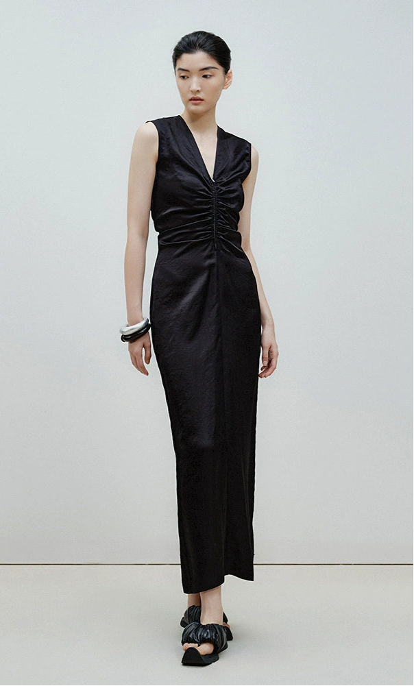 ZHUCHONGYUN  Black Zipper Pleated Design Slim Length Dress-WATANABE.