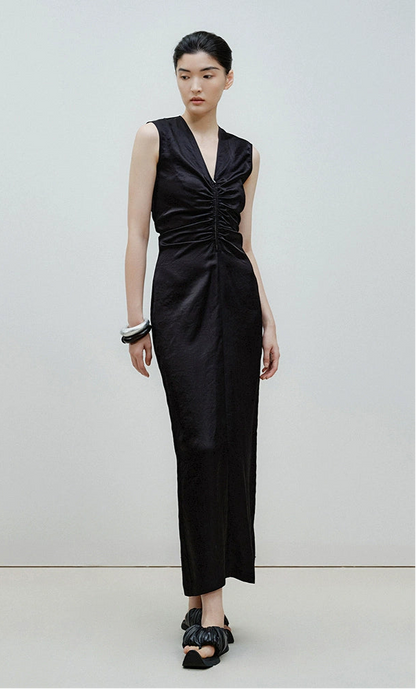 ZHUCHONGYUN  Black Zipper Pleated Design Slim Length Dress-WATANABE.