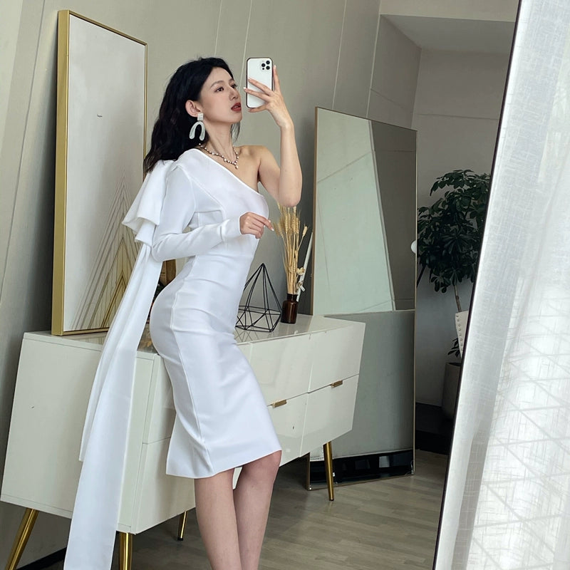 DOLLY Elegant Slant Collar Long Sleeve Bow Drape Body Hug Dinner Dress-CALA