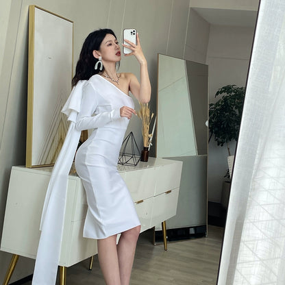 DOLLY Elegant Slant Collar Long Sleeve Bow Drape Body Hug Dinner Dress-CALA