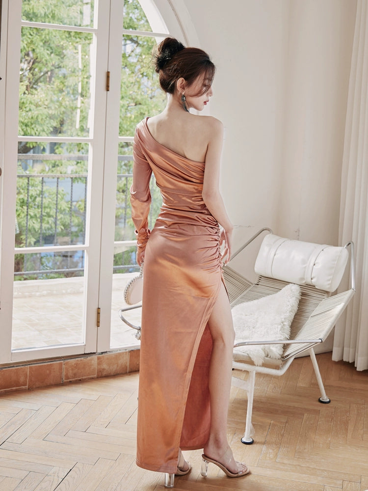 DOLLY Elegant Peach French Style Slopping Shoulder Long Sleeve Dinner Dress-ESME