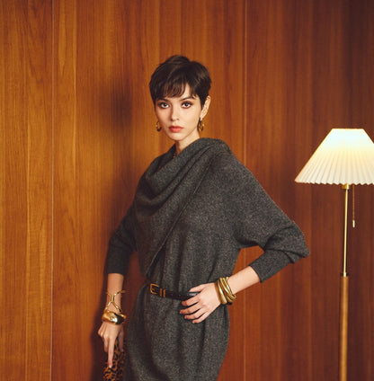 ANNASPEAK  Wool V-Neck Dress Shawl Knit Set Winter-KIKI.
