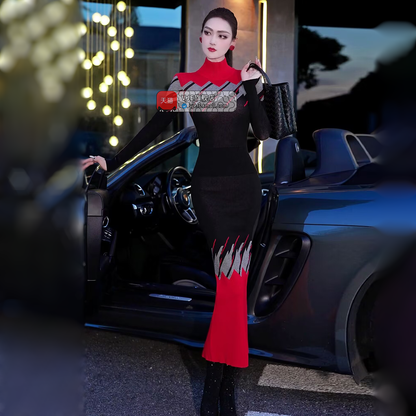 VJE  jacquard knitted suit skirt turtleneck top hip skirt two-piece set-DOE.