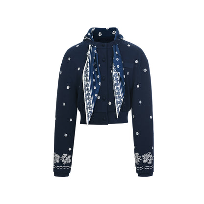 FAME Hepburn Beaded Printed Silk Scarf Embroidered Sweatshirt Jacket