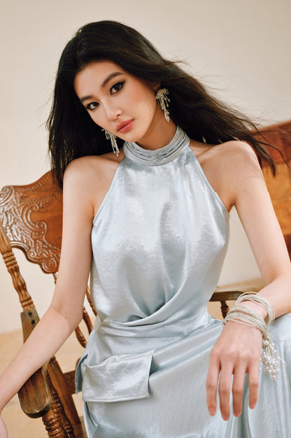 WANGXO | Pearl Lustrous Luxury Gilt Satin  Halterneck Folded Waist Top & High-Waisted Umbrella Skirt Set - ARIA