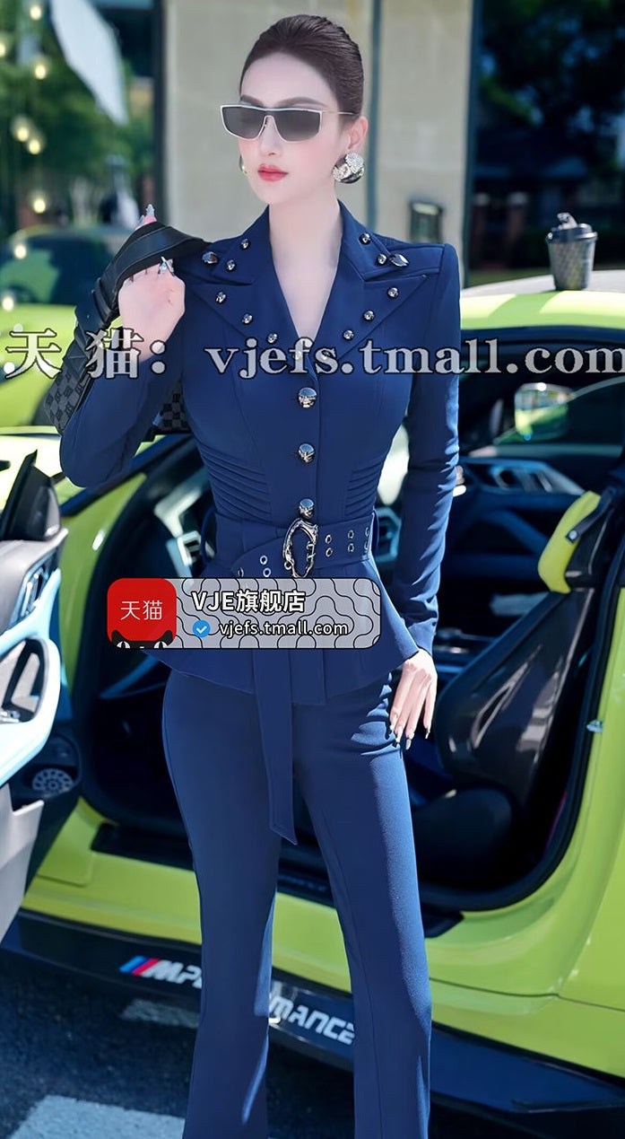 VJE Skirt OL Jacket Micro Flared Pants Two-Piece Set - HIHI.