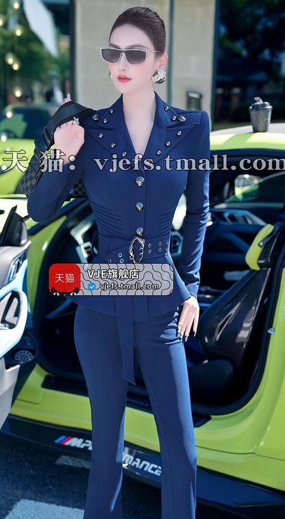 VJE Skirt OL Jacket Micro Flared Pants Two-Piece Set - HIHI.