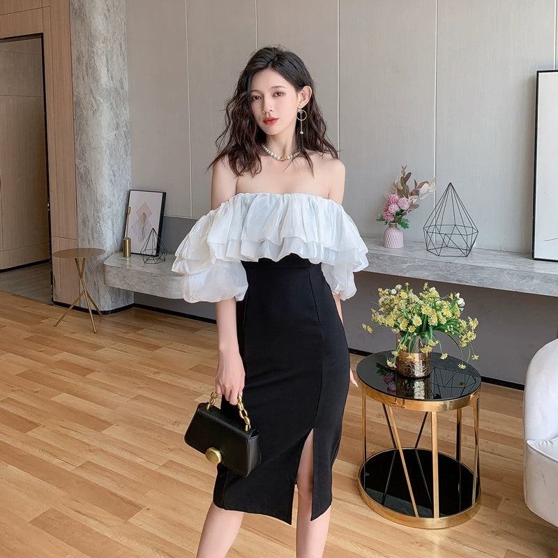 DOLLY Elegant Black and White Satin Off Shoulder Ruffled Tube Top Slim Fit Dress-MAG