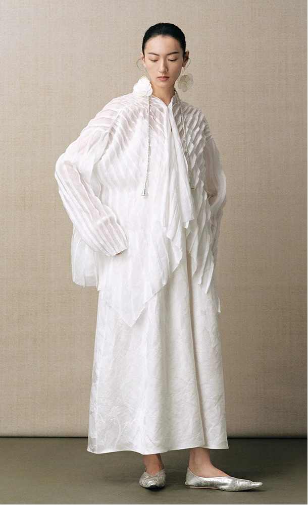 ZHUCHONGYU white loose pleated top and pant outfit set--SOUSOU.