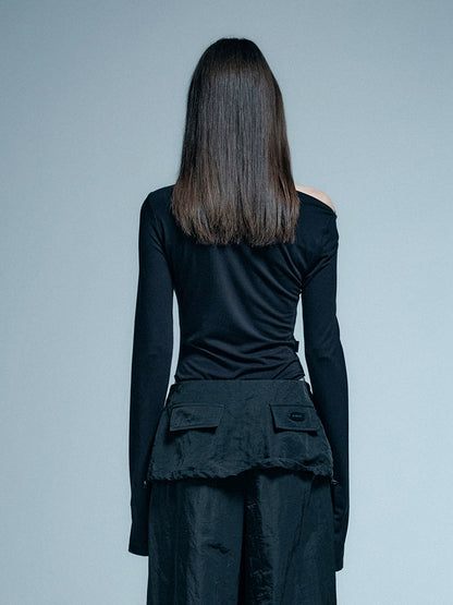 ANNAKIKI Black shoulder pleated slit long sleeve women bodysuit tops-REN