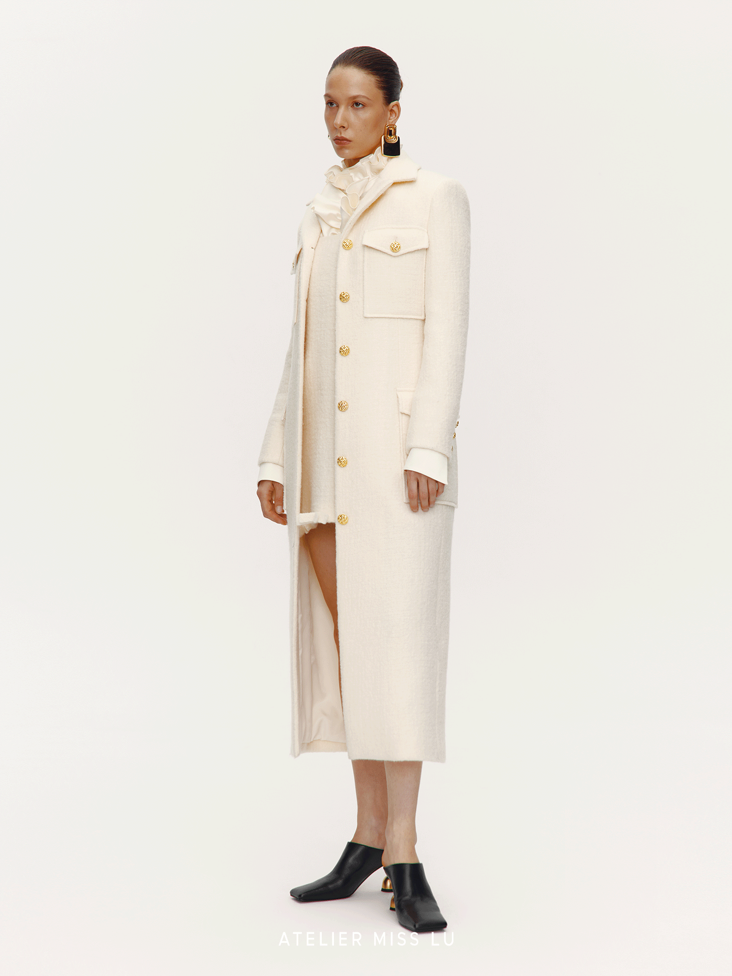 AtelierMissLu Vintage Pocket Design Sheep Wool Long Coat - ADEG.
