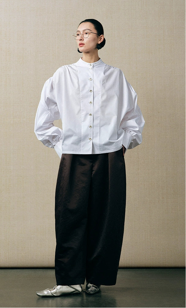 ZHUCHONGYUN balloon sleeve stretch mock neckline white shirt-STAD.