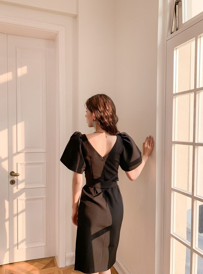 DOLLY Luxury Black Retro V-Neck Short Puff Sleeve Midi Luncheon Dress-SUSU