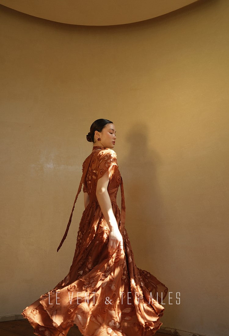 LE VENT&TES AILES Luxury French Disc Embroidered Sequin 3d Vintage brown Dress - LINA