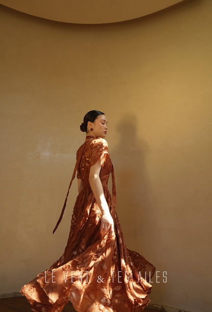 LE VENT&TES AILES Luxury French Disc Embroidered Sequin 3d Vintage brown Dress - LINA