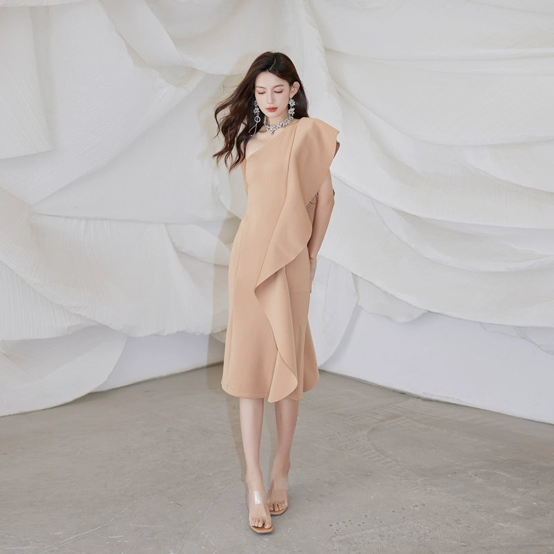 DOLLY Luxury French Style Ruffle One Shoulder Hip Hug Midi Dinner Dress-JEHO