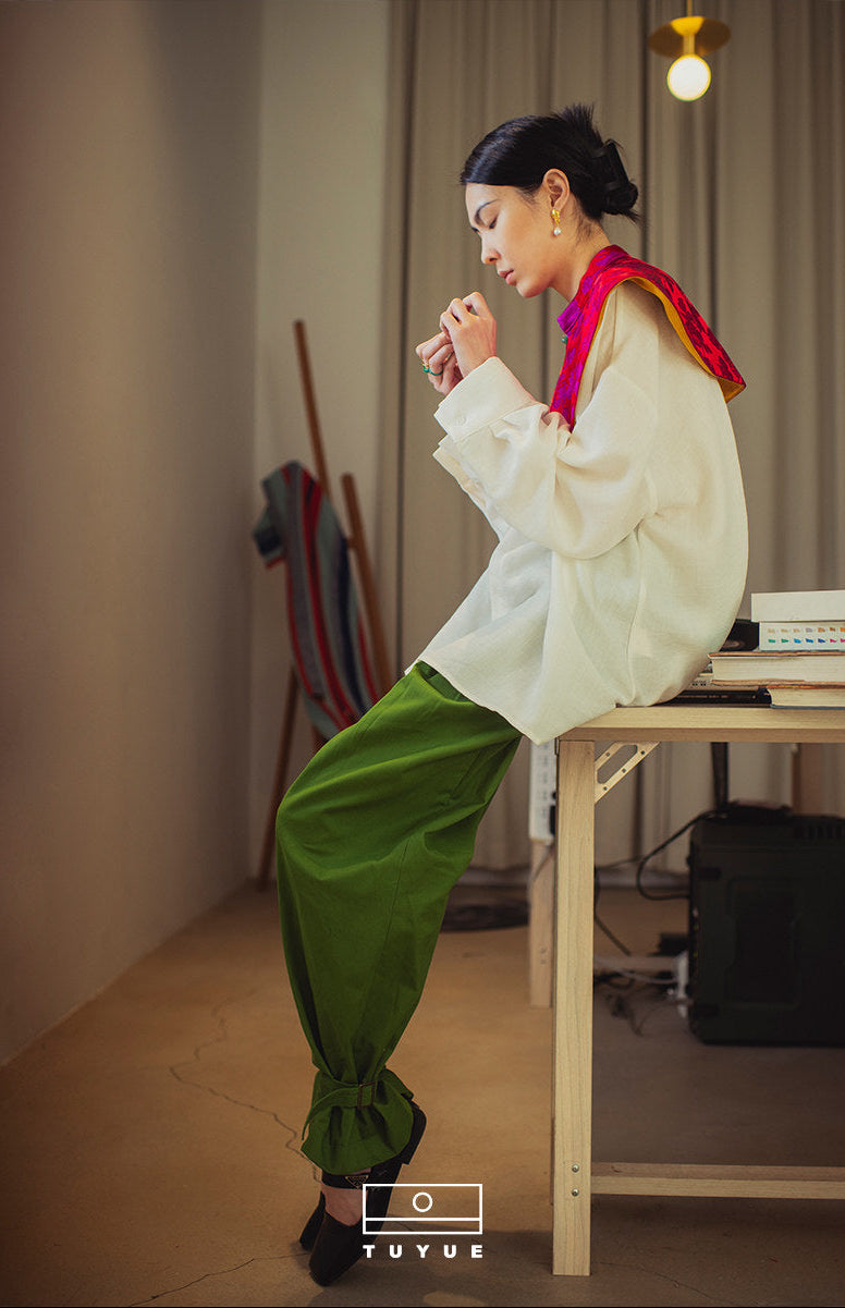 TUYUE  Green Cotton Casual Silhouette Leggings Pants- BENITA.