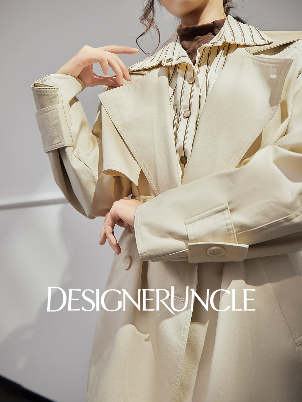 DGU "Curtain Walk" khaki long trench British style waist design jacket - Davina.