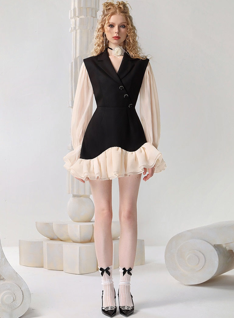 CHECOCRE Elegant Ruffle Contrasting Design Black Suit Dress- EDNA