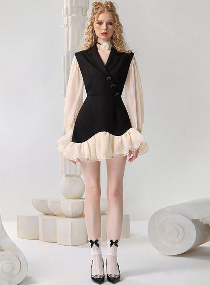 CHECOCRE Elegant Ruffle Contrasting Design Black Suit Dress- EDNA