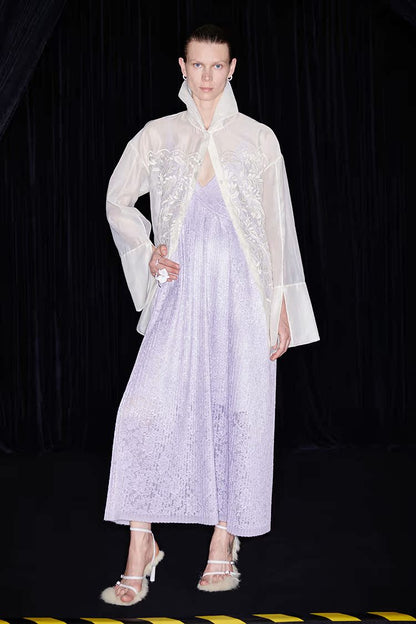 M essential Mackay designer taro lace pleated plunging V-neck dress - MARRY.