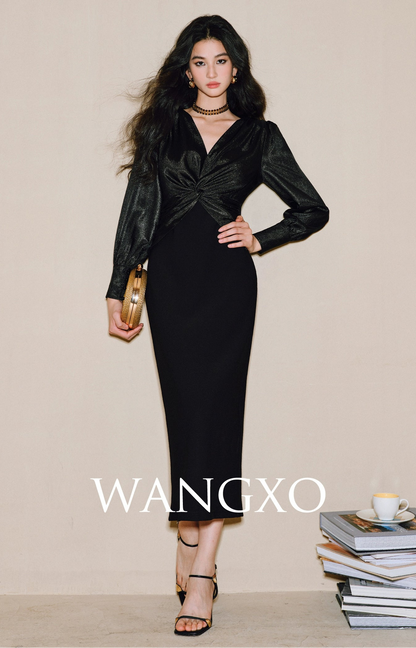 WANGXO | Wrinkled Bright Silk Satin Hemp V-Neck Twisted Waist Slim Dress -ZAYA.