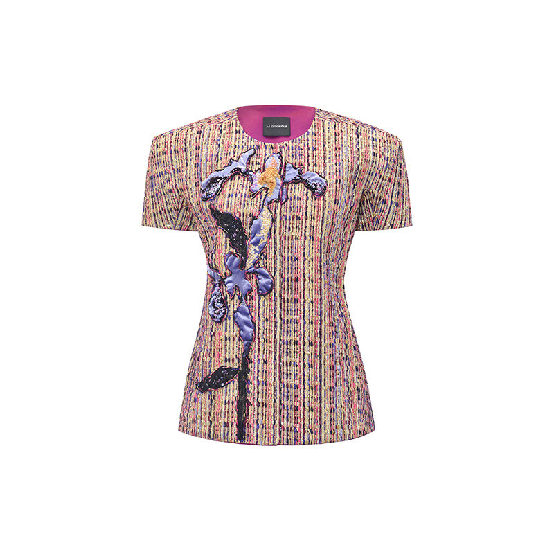 M essential Ma Kai designer kneaded gold coarse spinning iris stacked embroidery slim top - LIVING.