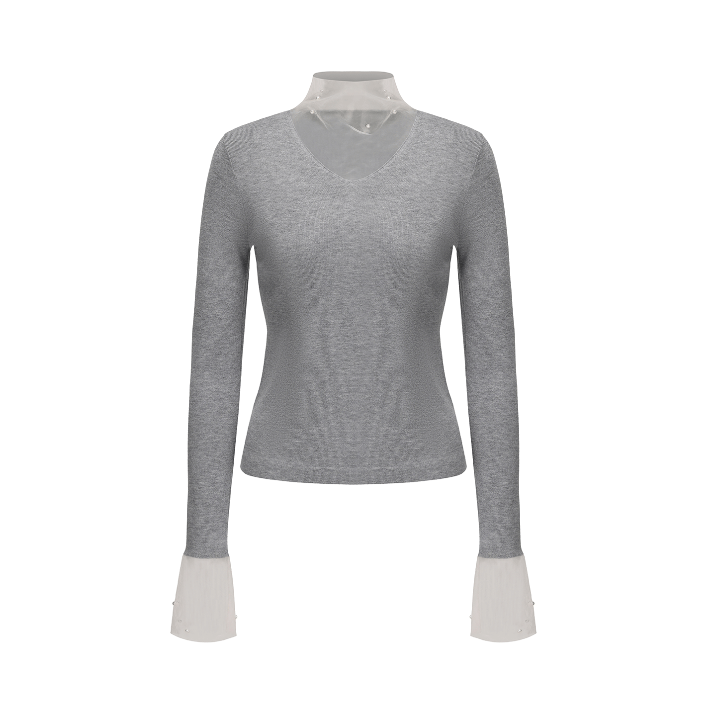 ATELIER MISS LU Fall/Winter pearl-embellished gauze patchwork knitted top - SADE.