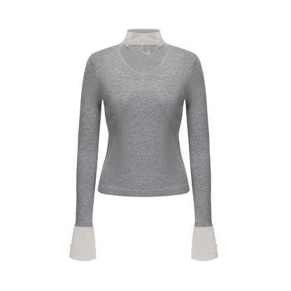 ATELIER MISS LU Fall/Winter pearl-embellished gauze patchwork knitted top - SADE.