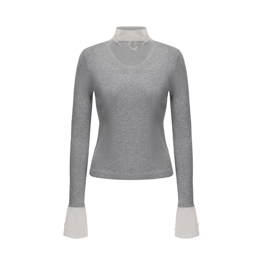 ATELIER MISS LU Fall/Winter pearl-embellished gauze patchwork knitted top - SADE.