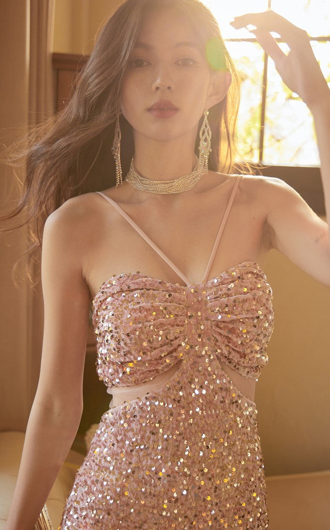 DOLLY Elegant Sequined Hollow Halter Neck Long Evening Dress-OLIVE