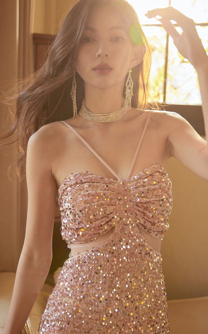 DOLLY Elegant Sequined Hollow Halter Neck Long Evening Dress-OLIVE