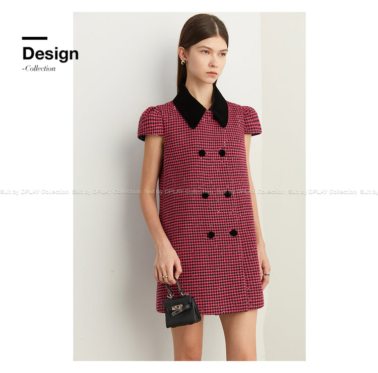 Fall Autumn Velvet Doll Collar Sequins Houndstooth Tweed Vest Dress - Leasel