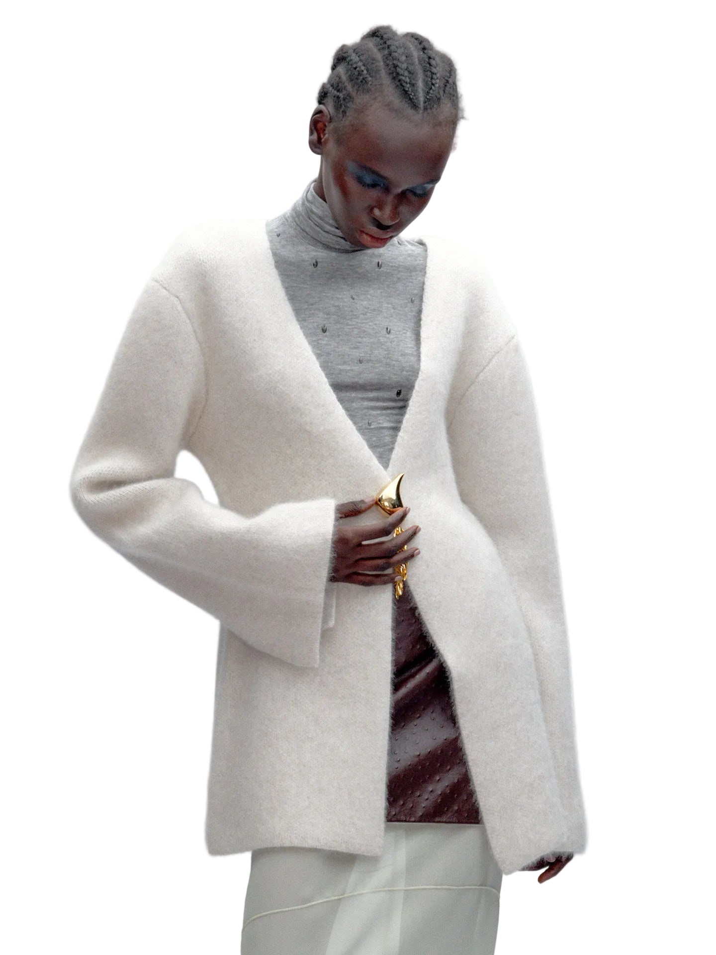 JACQUES WEI Gray-White Wool V-neck Knit Cardigan - HERO