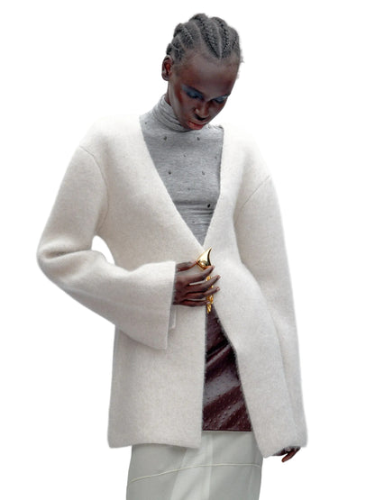 JACQUES WEI Gray-White Wool V-neck Knit Cardigan - HERO