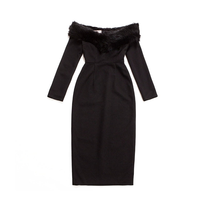 Le Palais Vintage  Elegant Black Fur Collar Off-the-shoulder Little Black Dress-MEE.