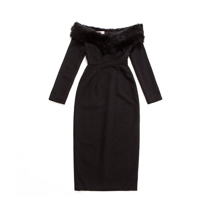Le Palais Vintage  Elegant Black Fur Collar Off-the-shoulder Little Black Dress-MEE.