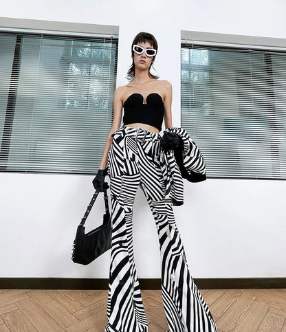 ANNAKIKI black and white contrasting special-shaped striped bootcut trousers for women-HIRANO