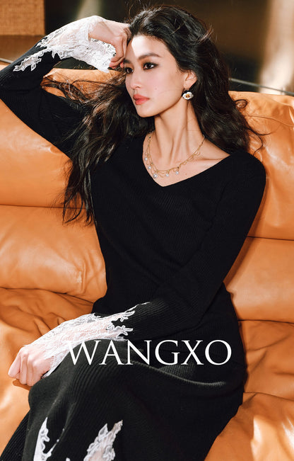 WANGXO | Merino wool eyelash lace french knitting top and skirt set -MILA.