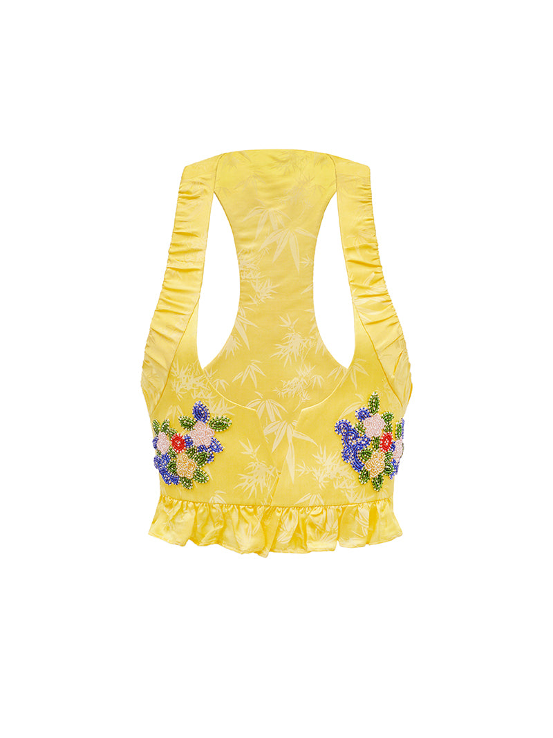 M essential Mackay designer Pine yellow jacquard short-sleeved tower fll dress- Abyn.