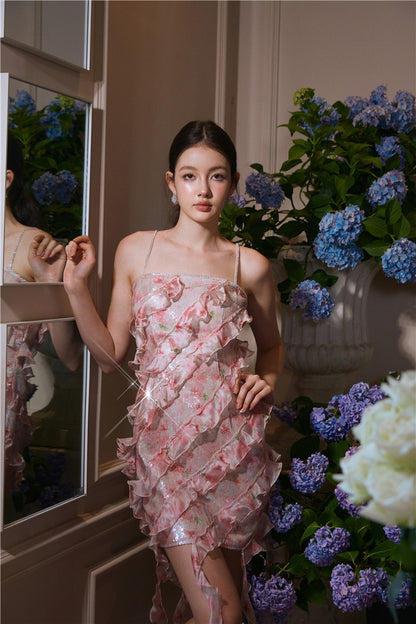 Wardrobes by Chen Luxury Crimson Sleeveless Flower Print Short Dress-Fuu