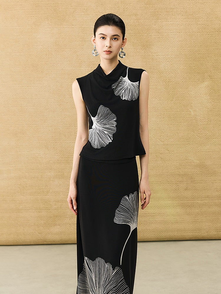 HECO Chinese Style Elegant Swing Neck Sleeveless Ginkgo Biloba Print T-Shirt - BOBA.