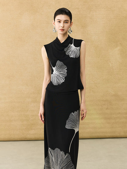 HECO Chinese Draped Summer Heavy Industry Ginkgo Biloba Print Slim Skirt - COLS.