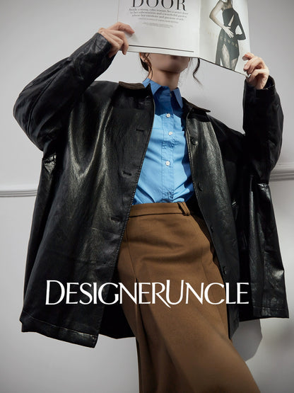 DGU "Obsidian Black" black leather jacket Haining sheepskin versatile top - Eric.