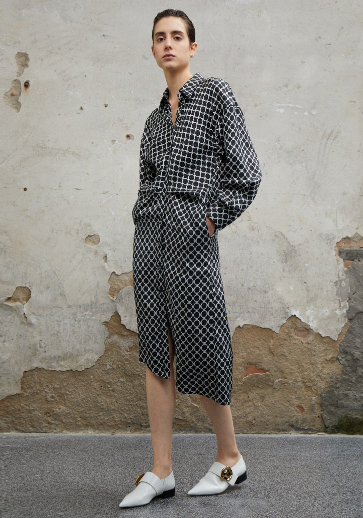 COMME MOI Lv Yan designer women's elegant silk black and white printed long sleeve dress - EMILIA.