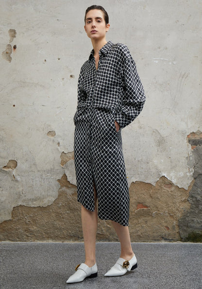 COMME MOI Lv Yan designer women's elegant silk black and white printed long sleeve dress - EMILIA.