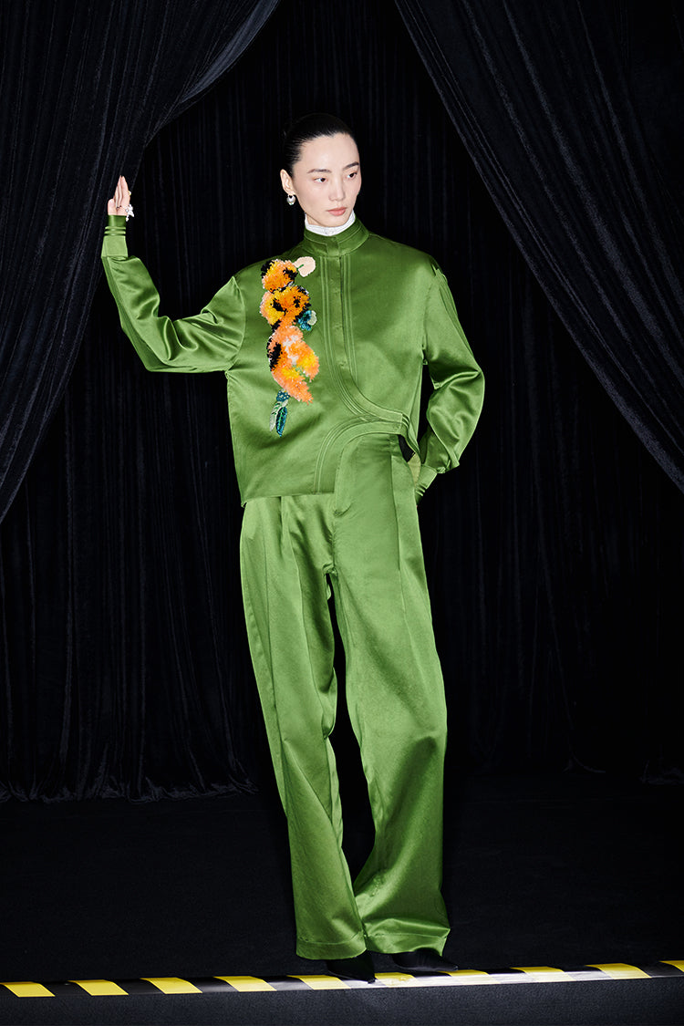M essential Mackay designer green raffia embroidered jacket pant set - jan.