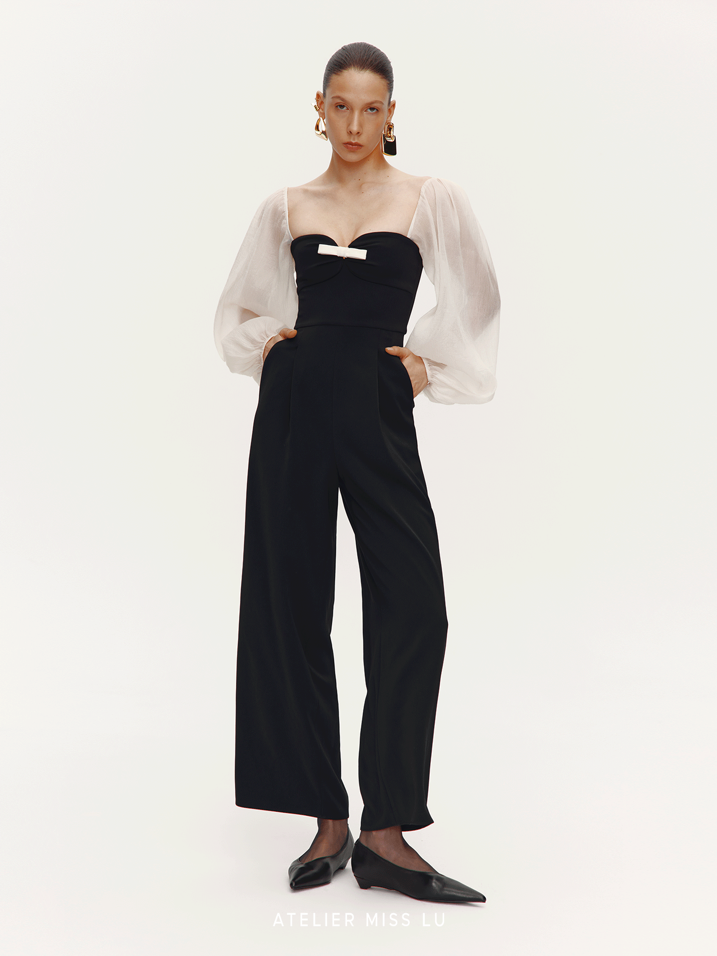 ATELIER MISS  silhouette textured gauze sleeve jumpsuit - GUAGE