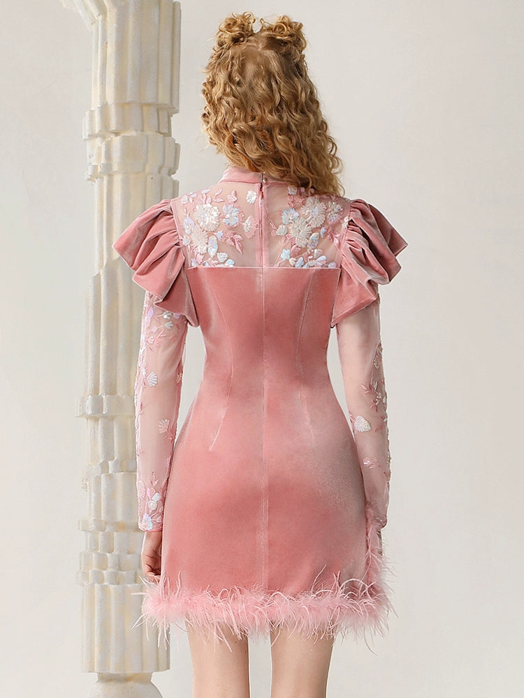 CHECOCRE Elegant Collar Beads Feather Stitched Hip Pink Short Dress - AMOS